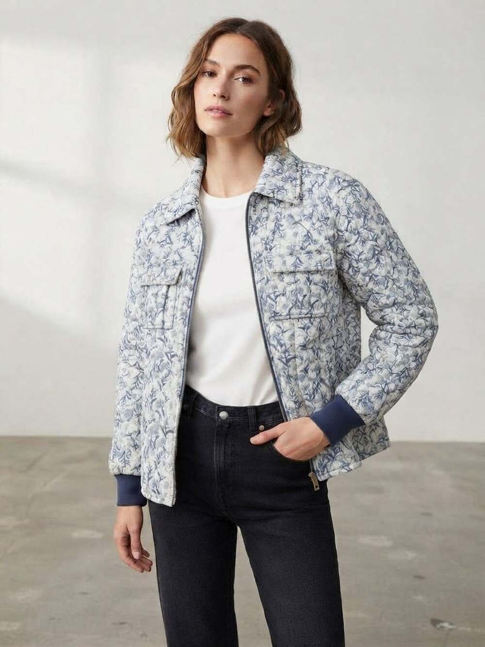 Bagatelle Floral Quilted Jacket Size S Blue White Cotton Puffer Coat